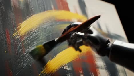a captivating display of artistic expression: a robotic hand skillfully brushes vibrant colors onto canvas in a stunning demonstration of creativity