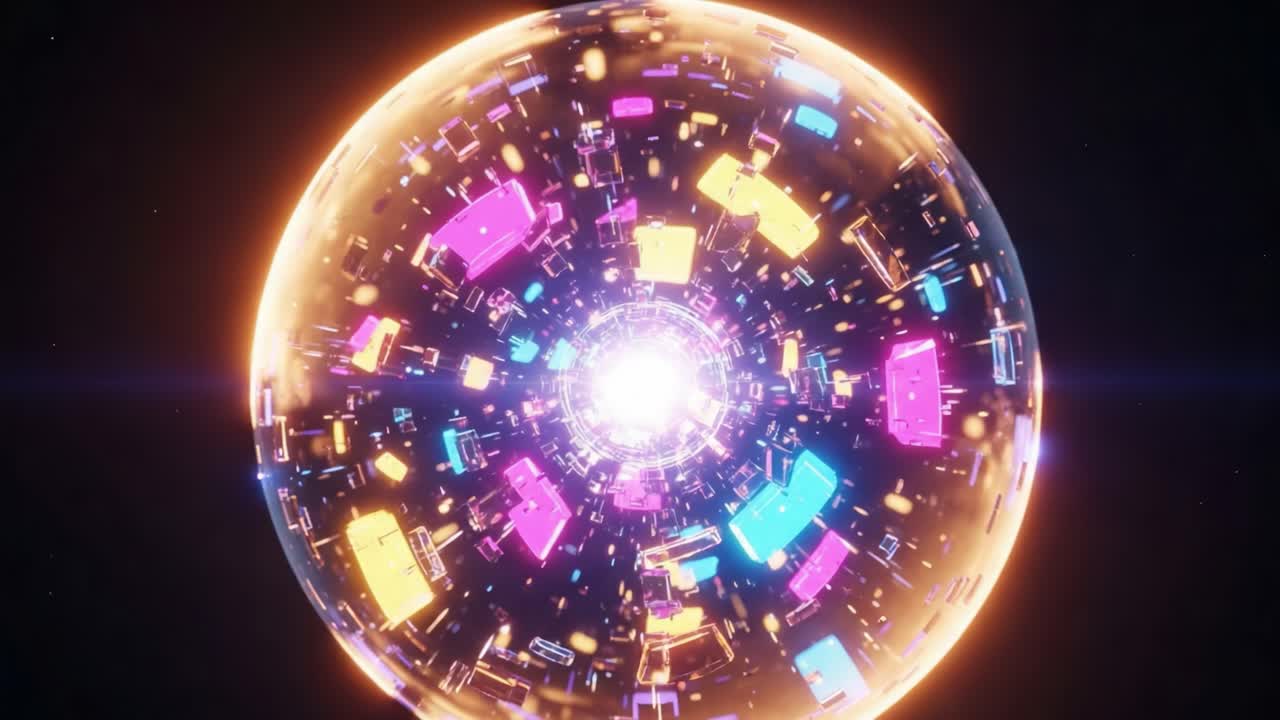 A mesmerizing visual spectacle showcasing a glowing spherical orb surrounded by vibrant geometric shapes and pulsating lights, radiating with energy and dynamic motion