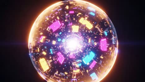 a mesmerizing visual spectacle showcasing a glowing spherical orb surrounded by vibrant geometric shapes and pulsating lights, radiating with energy and dynamic motion