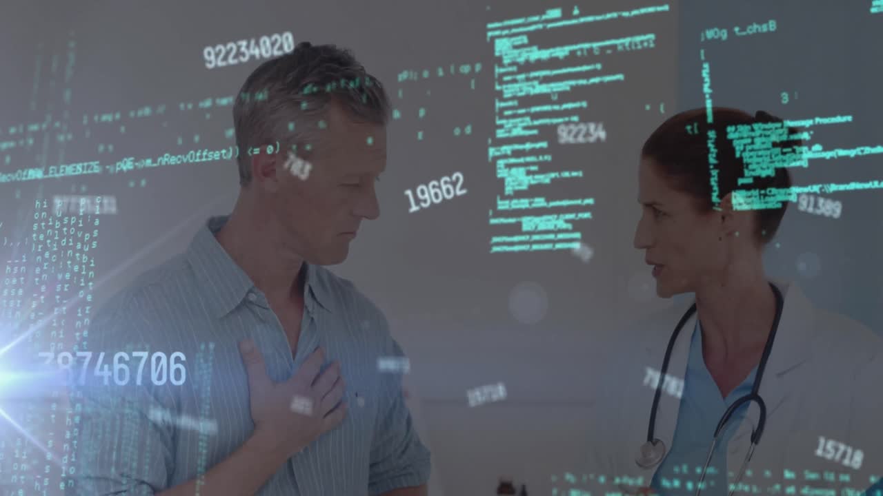 Animation of changing numbers and computer language over caucasian doctor consulting patient