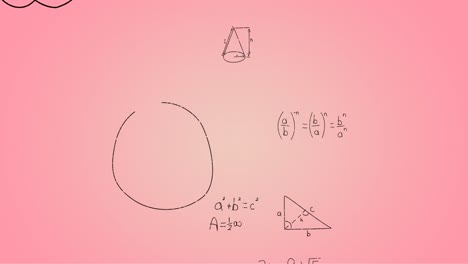 Animation-of-hand-written-mathematical-formulae-over-pink-background