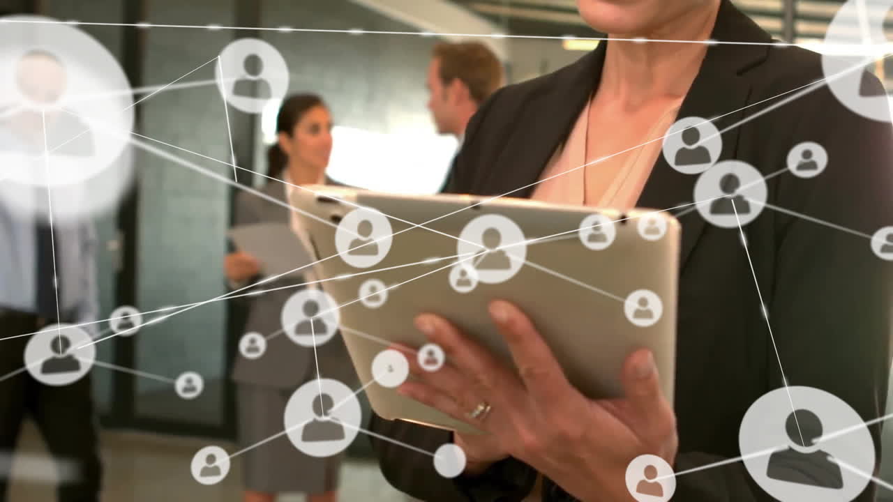 Animation of network of connections with people icons over caucasian woman using tablet