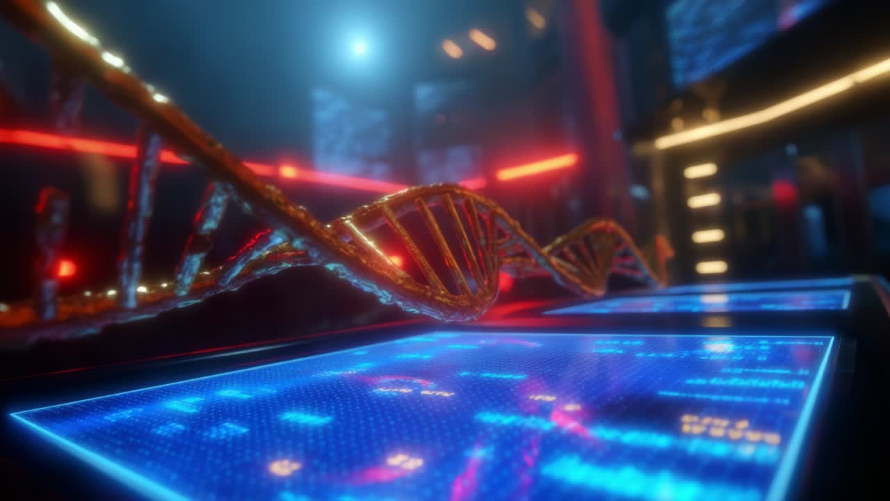 A Close-Up View of a Glowing DNA Helix Over High-Tech Screens, Capturing the Intersection of Biological Science and Digital Technology in a Futuristic Laboratory Environment
