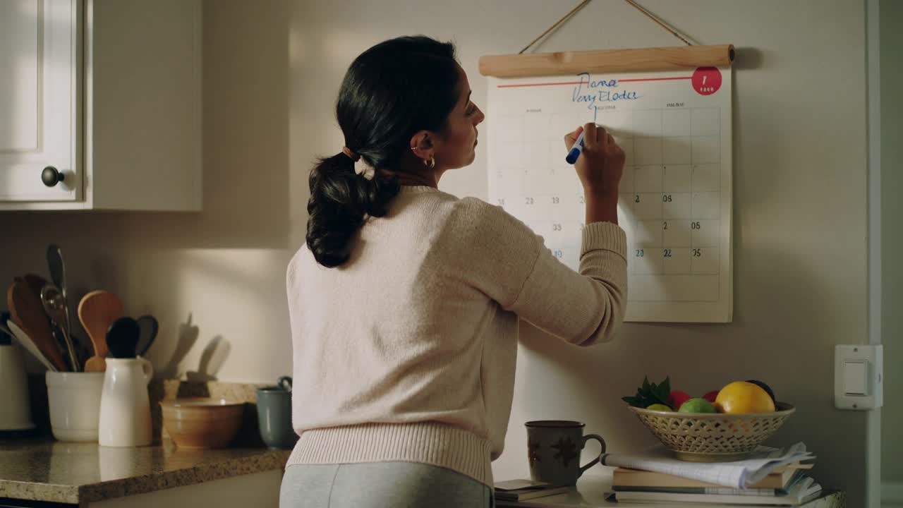 Una donna in maglione chiaro prende un pennarello blu, segnando un calendario a parete sul bancone della cucina, pianificando appuntamenti.