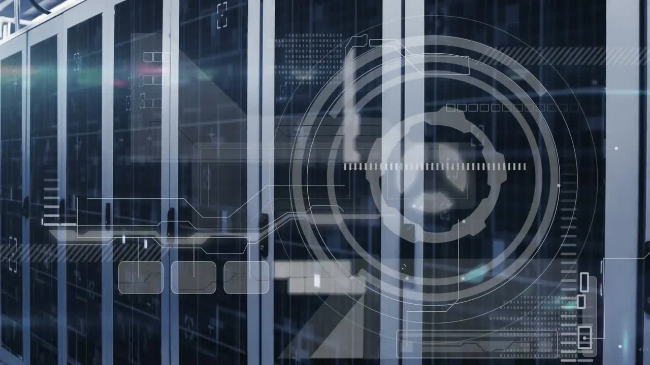 Animation of scope scanning and data processing over tech room with computer servers