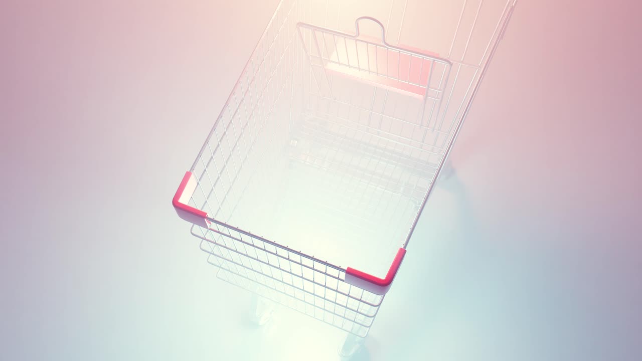 Carrello della spesa vuoto con luce brillante e sfondo sfumato