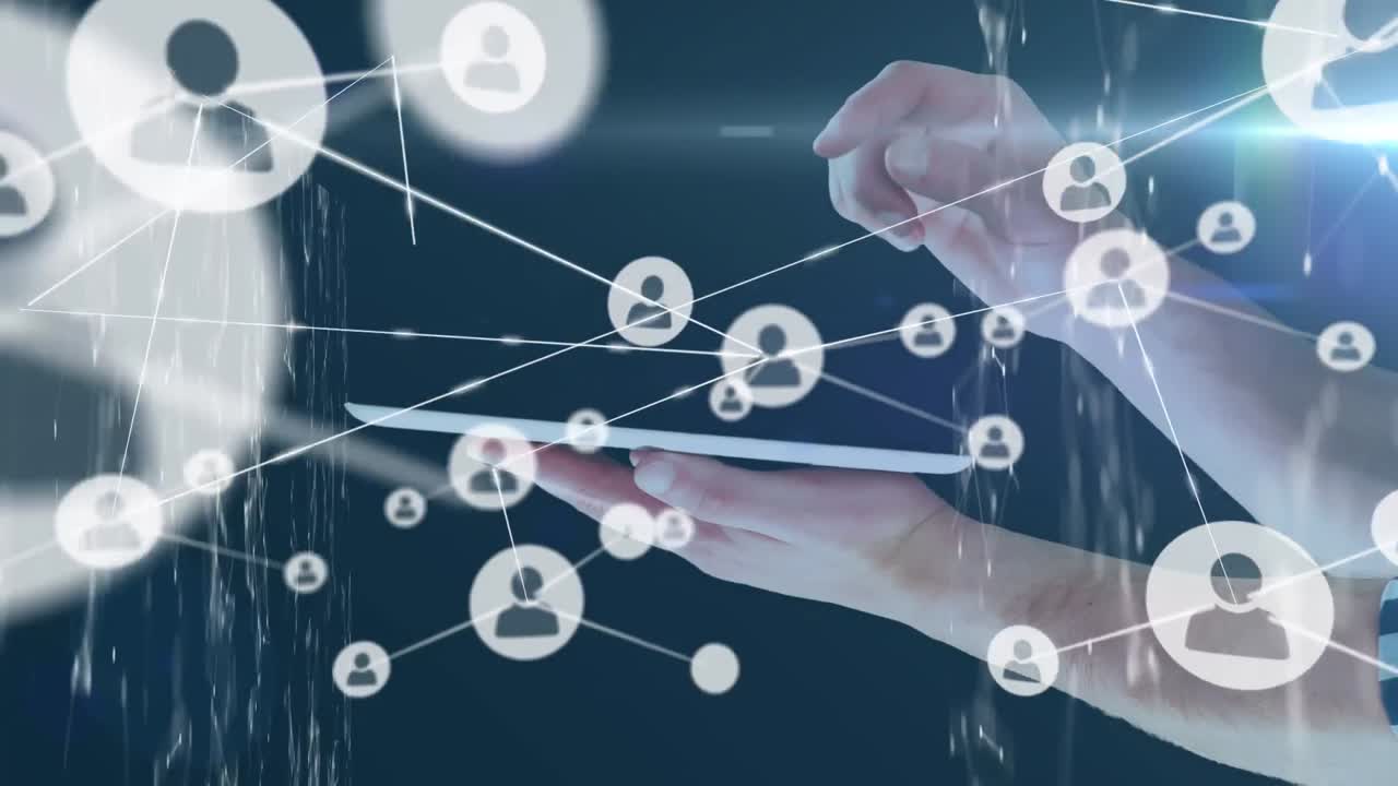 Animation of network of connections over caucasian man using tablet