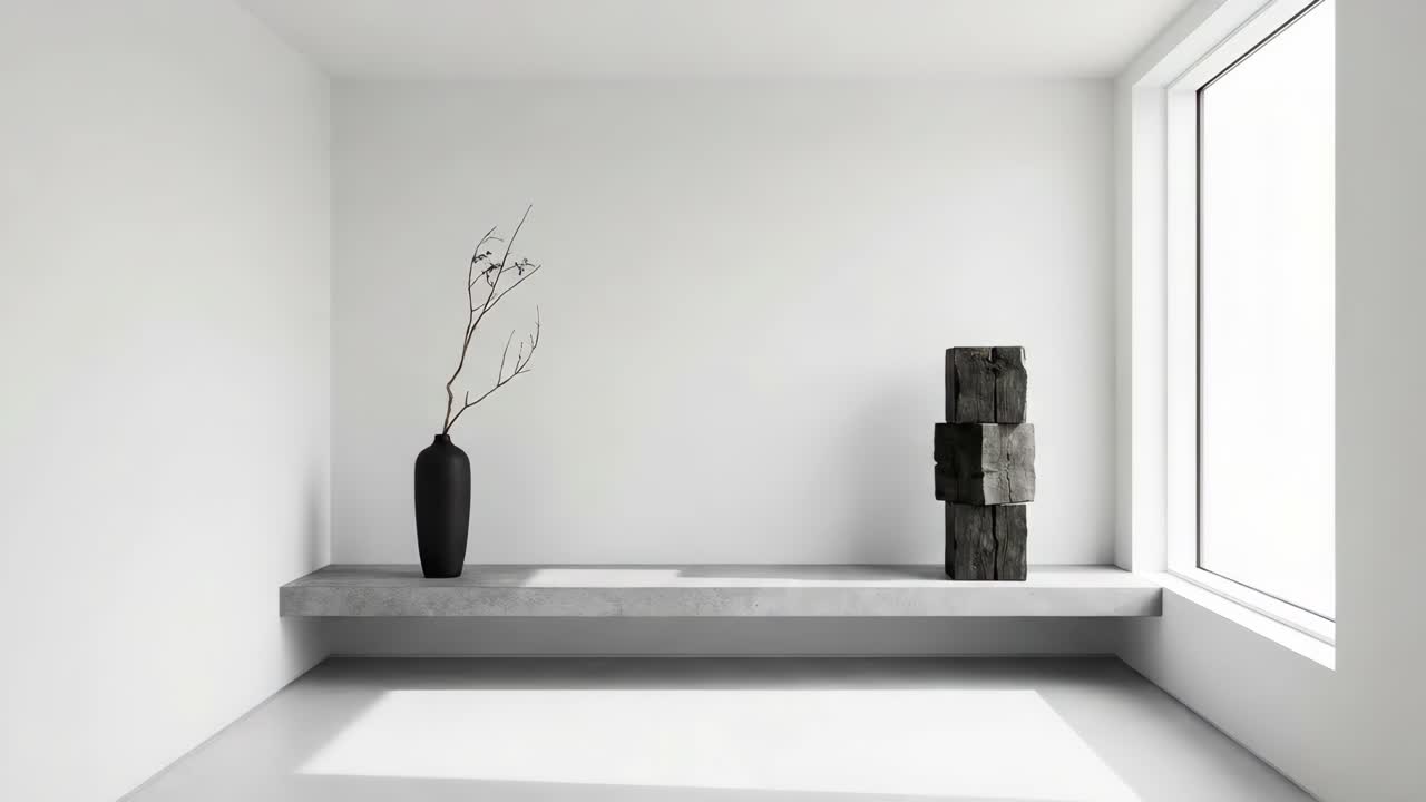 Interior minimalista con jarrón negro y bloques de madera