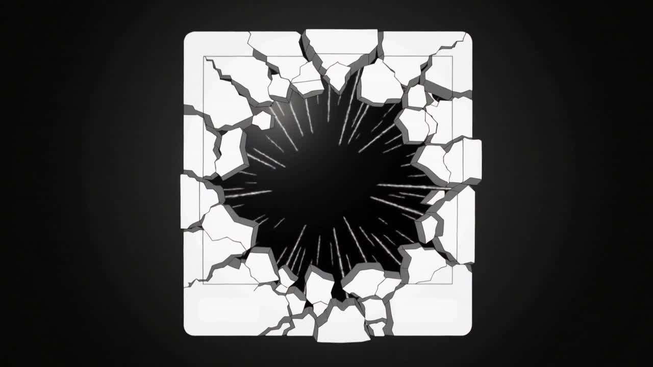 Showing white frame reacting to puncture on dark vignette, expanding black void and shedding shards