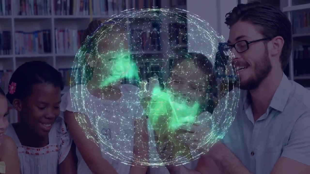 Insegnante e studenti con globo olografico digitale in biblioteca
