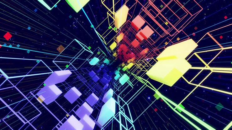Bright beautiful geometric background. Flight through art space filled with rectangular or cubic structures, neon light. Rainbow color gradient. VJ loops. 4k 3d render motion graphics bg