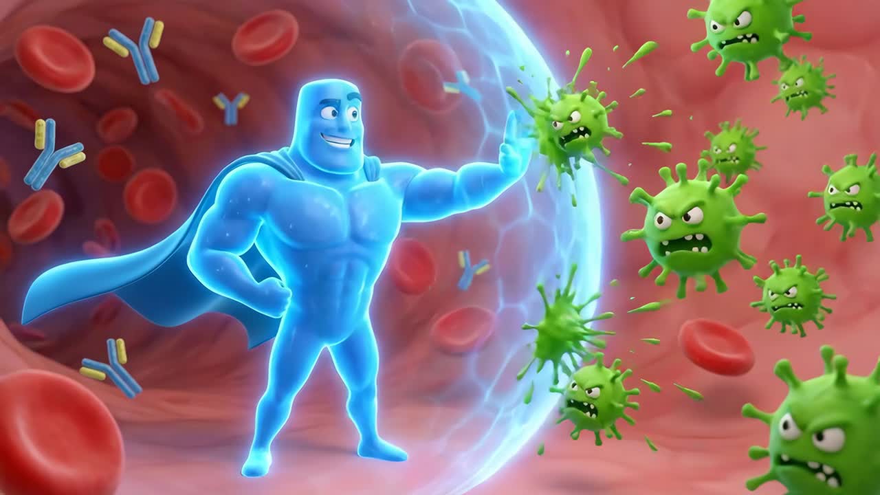 Rappresentazione a cartoni animati del sistema immunitario che combatte un virus