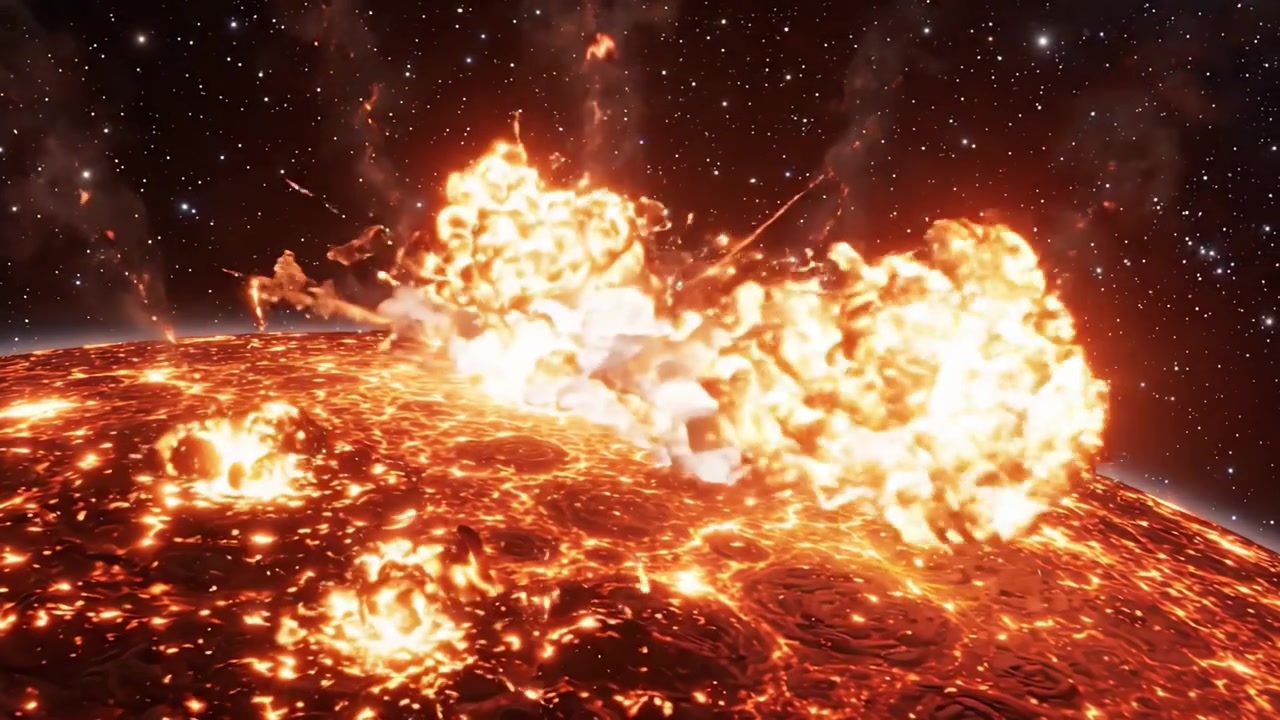 Uno sguardo mozzafiato sulla superficie infuocata di un pianeta vulcanico con lava in eruzione e sfondo stellare, che cattura il caos cosmico di un corpo celeste.