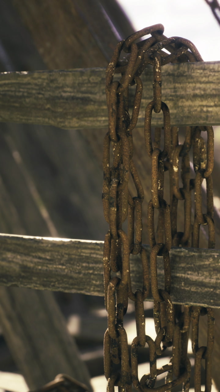 Rusty chain draped over weathered wooden beams at a tranquil harbor