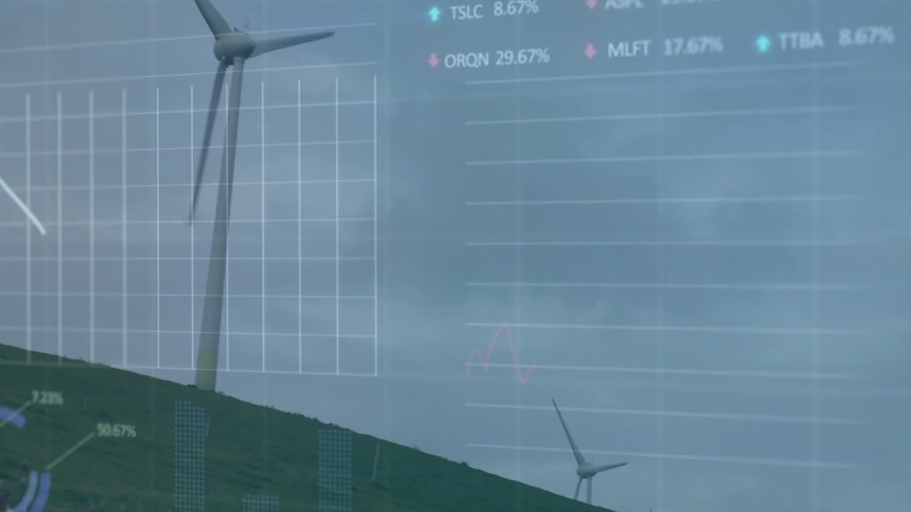 Wind turbine being displayed atop grassy hill, digital overlay showing grid, line graphs, metrics