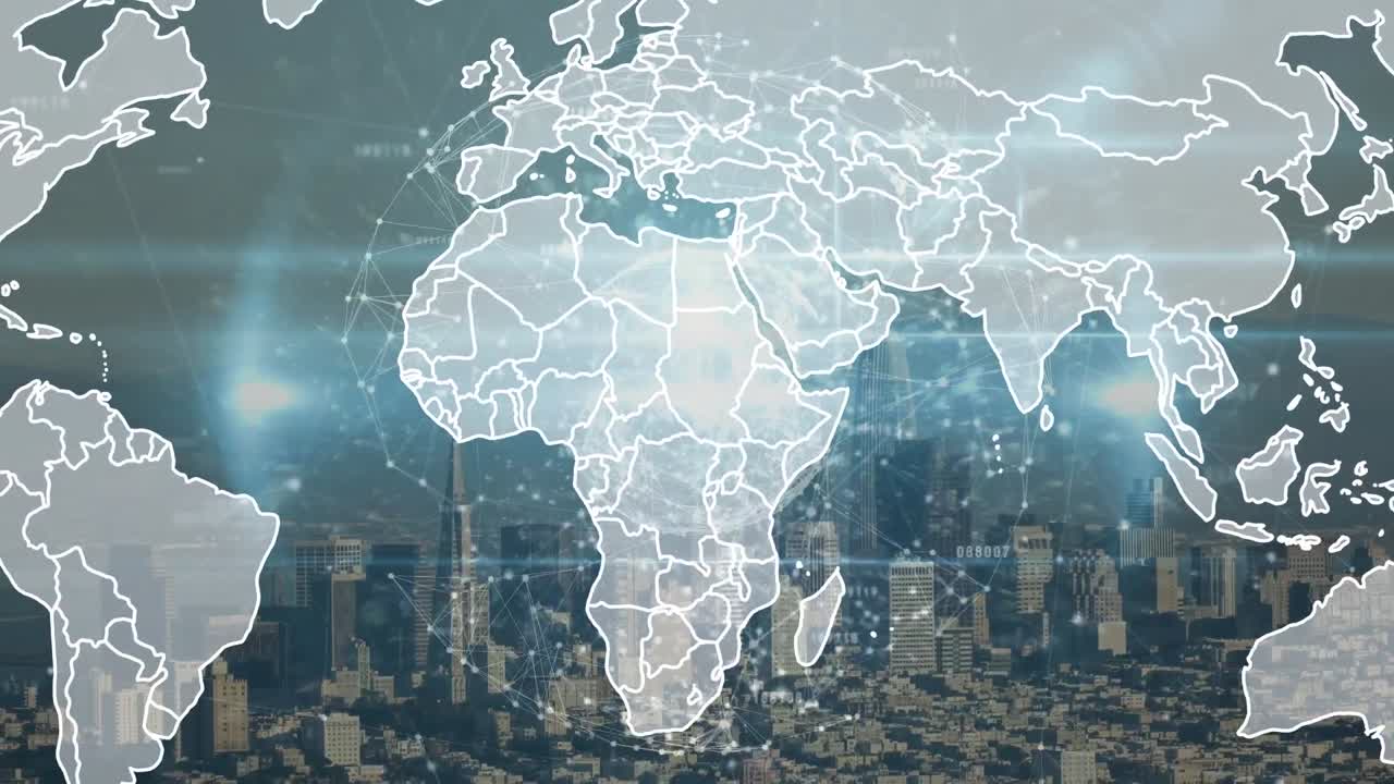 animación del mapa del mundo y el globo con conexiones sobre el paisaje urbano