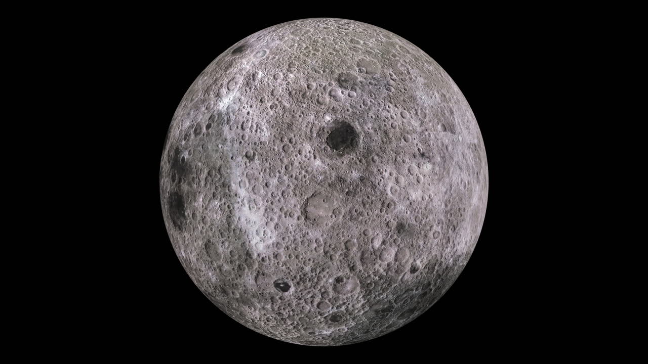 Fast Spinning Moon on Black Background with Impact Craters from Asteroids. Astronomy Science Clip. ProRes