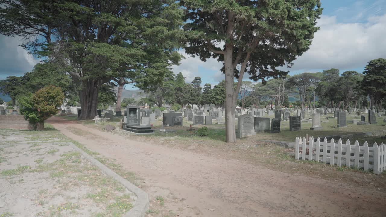Panning shot of graves in graveyard