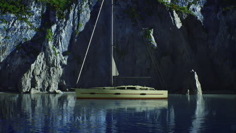 sailing boat anchored peacefully near rocky cliffs in calm waters