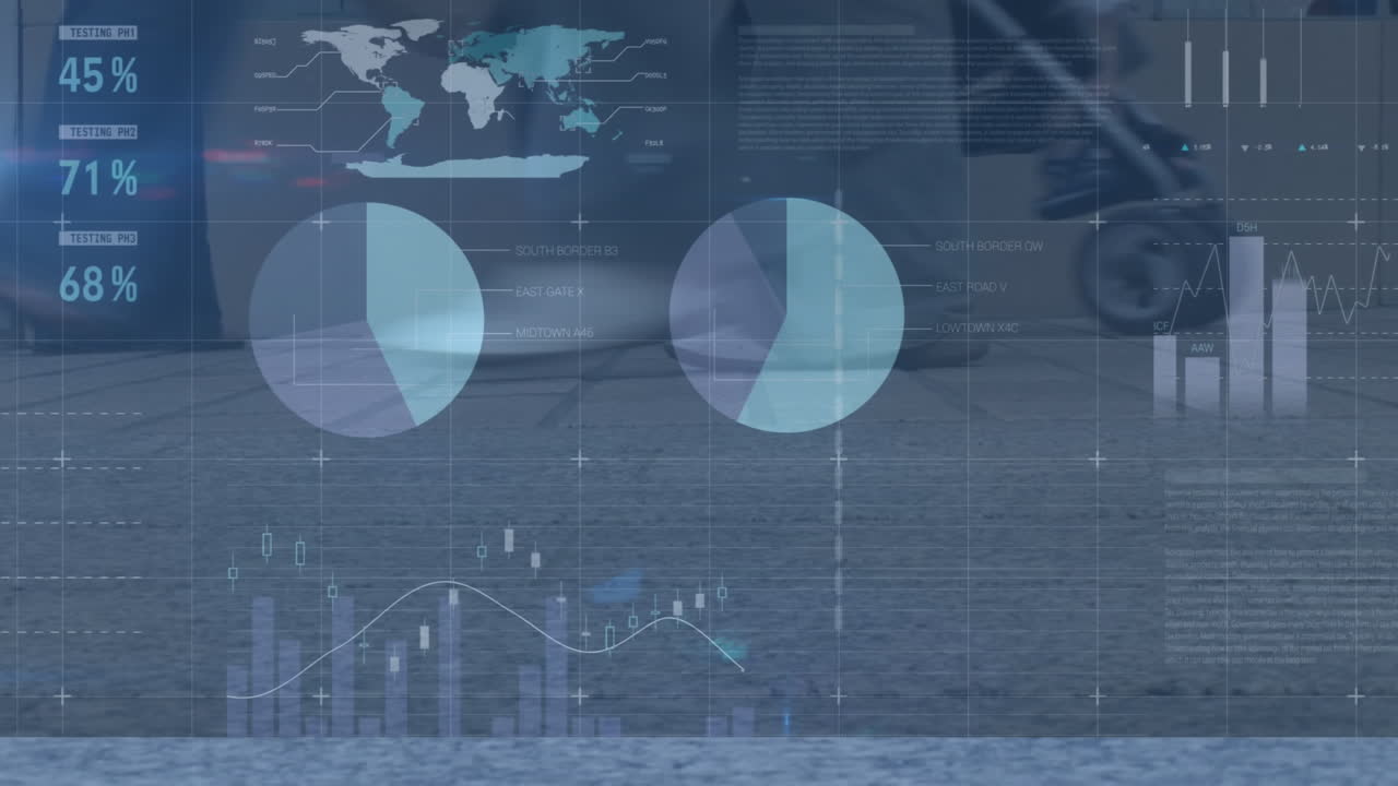 Animation of financial data processing over diverse people walking on street