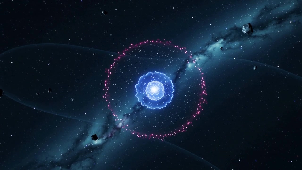 Emerging luminous sphere forming shell, releasing pinkish ring and sparks near nebula band