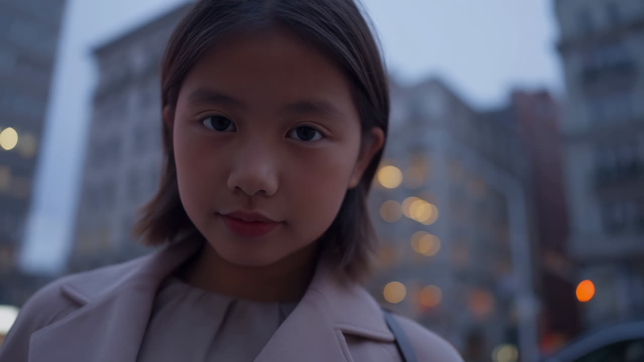 Giovane Ragazza Asiatica che Guarda la Telecamera in Città al Crepuscolo