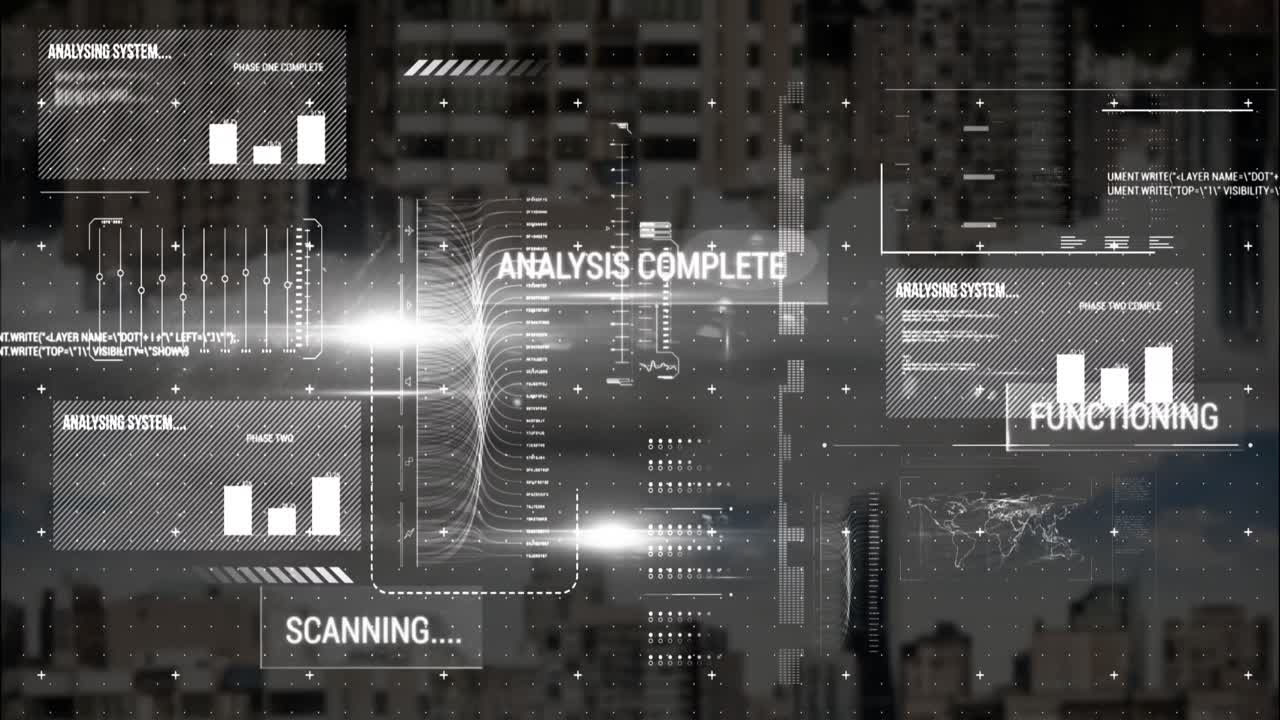 Animation of data processing over cityscape