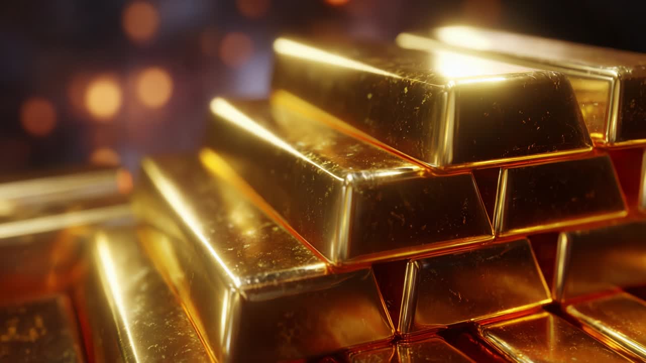 A Magnificent Display of Shiny Gold Bars Stacked Impeccably: A Symbol of Wealth, Prosperity, and Investment Opportunities in a Captivating Background of Blurred Lights with a Luxurious Gleam