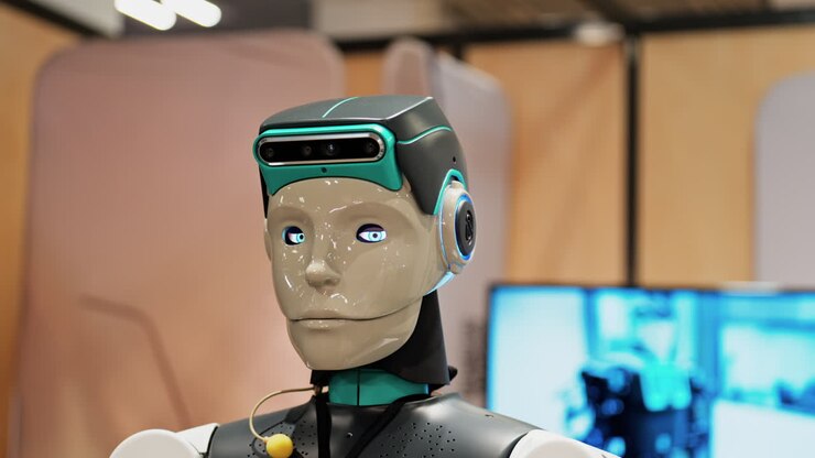 Cannes, Francia - 15 febbraio 2025: robot umanoide con un corpo elegante in bianco e nero e occhi blu luminosi, in piedi a una conferenza