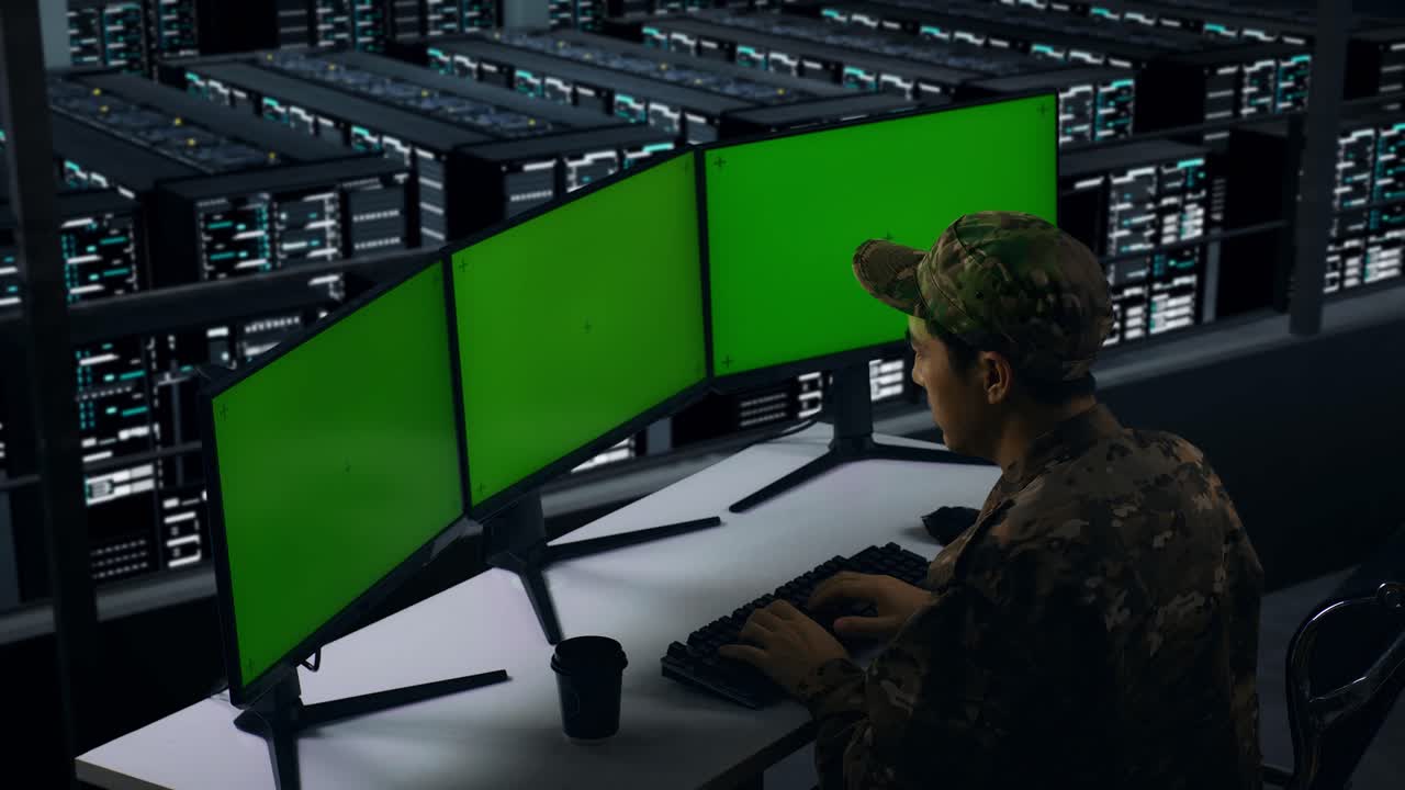 vista lateral de militares asiáticos con dolor de espalda mientras trabajan con monitores simulados de múltiples computadoras en el centro de datos