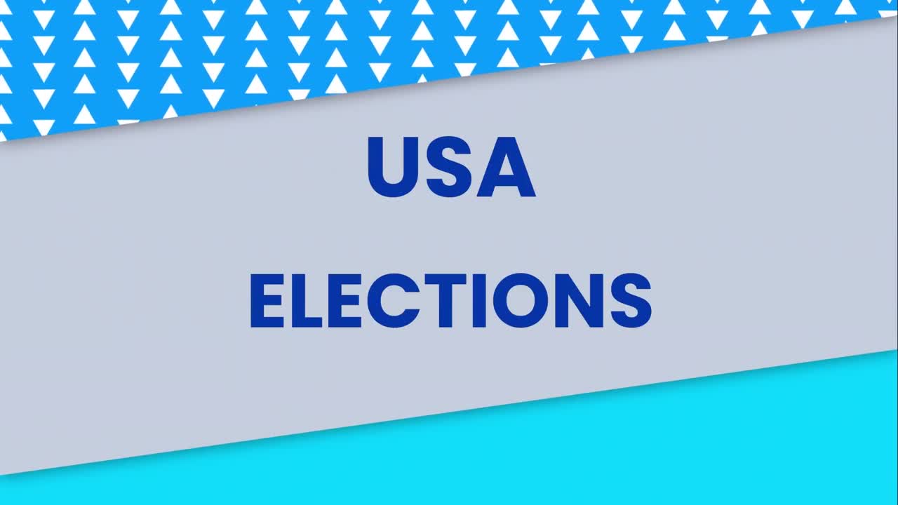 Animation of usa elections text and moving triangles on blue and grey background