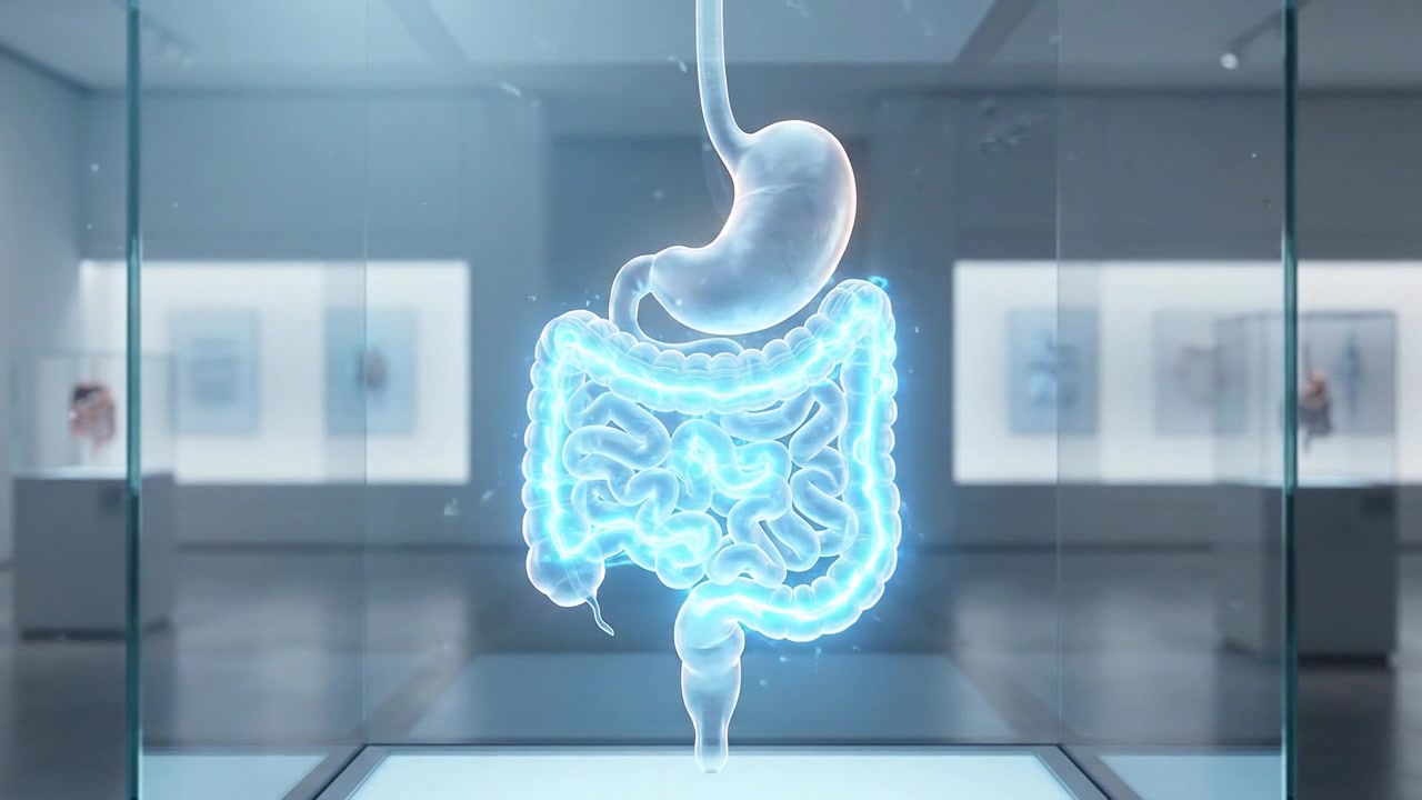 Holographic digestive system with glowing stomach and intestines displayed in clinical room