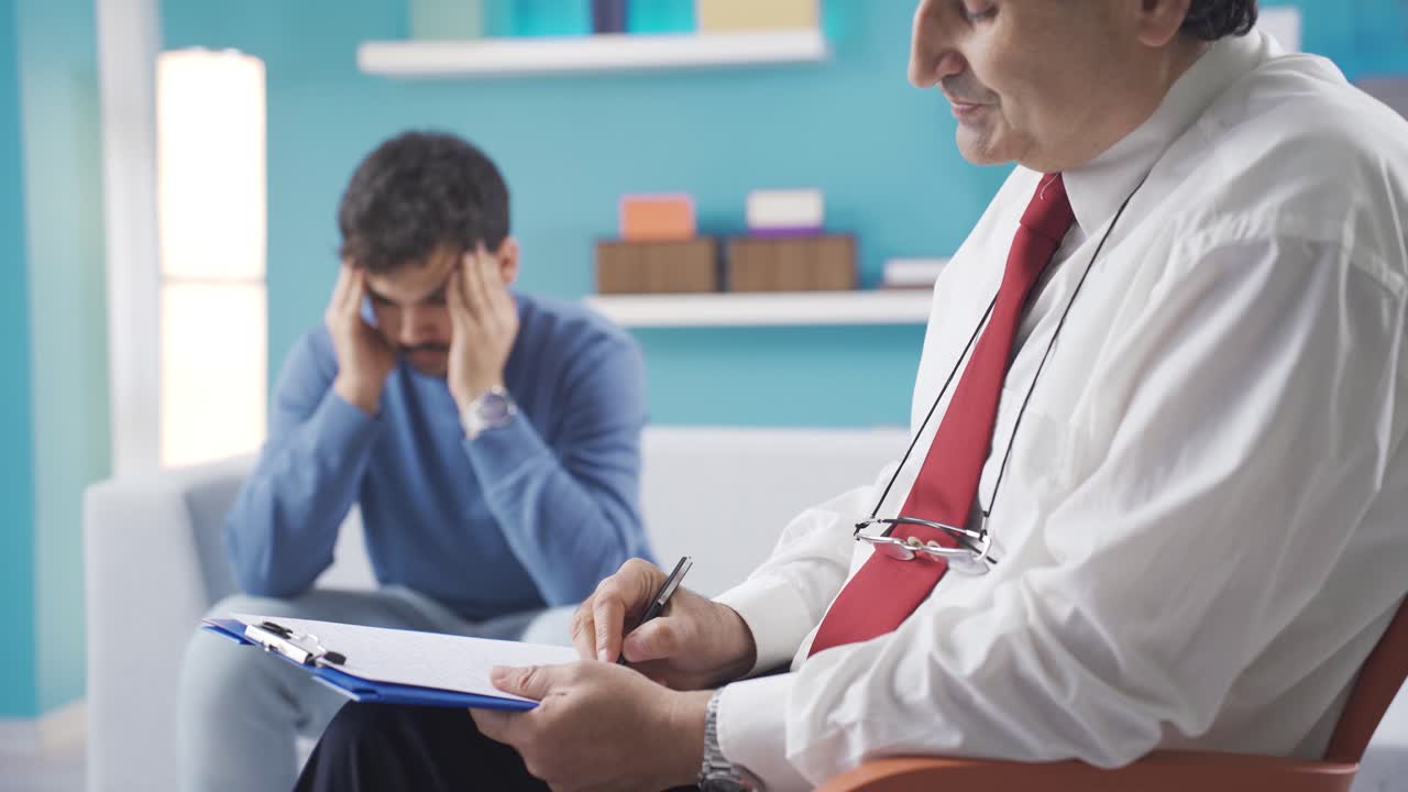 The young man talks about his traumas and psychological ailments in the psychologist's office.