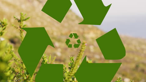 animación de iconos de reciclaje, sostenibilidad y ecología sobre el paisaje