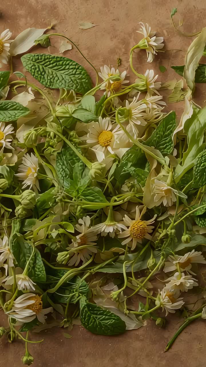 Vertical video: Camera capturing frames to show white daisies and green leaves on brown paper