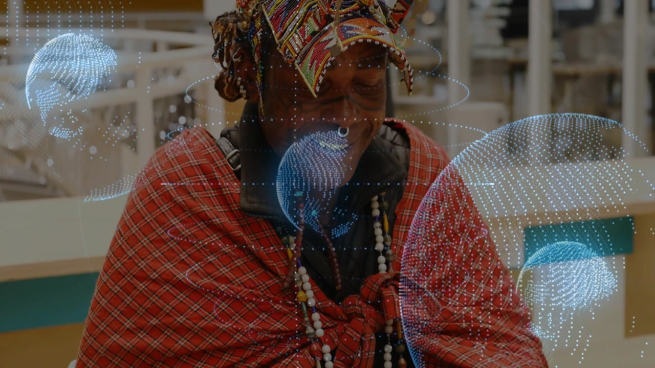 Man tapping tablet and swiping edge, starting globe overlay following taps, viewing technology data