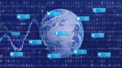 earth globe spinning in flat design over code grid showing floating likes icons and market charts