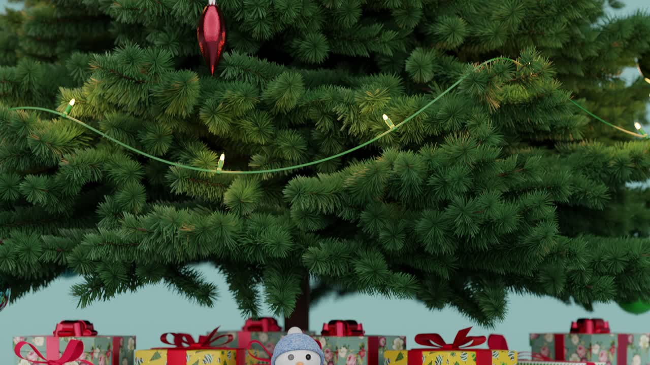 선물과 복사 공간이 있는 테디 베어가 있는 크리스마스 트리