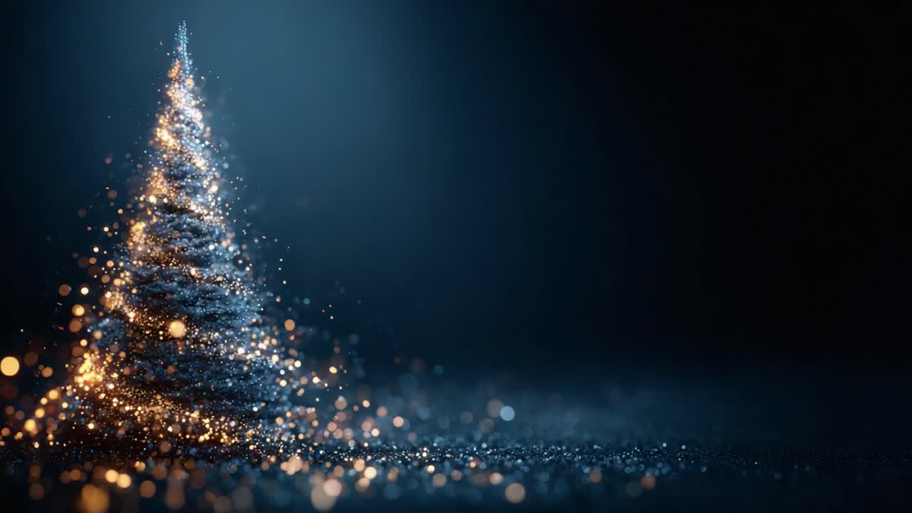 Illuminated Christmas Tree Shimmering with Sparkles in a Darkened Setting, Creating a Magical and Enchanting Holiday Atmosphere with Glowing Lights and Fine Details