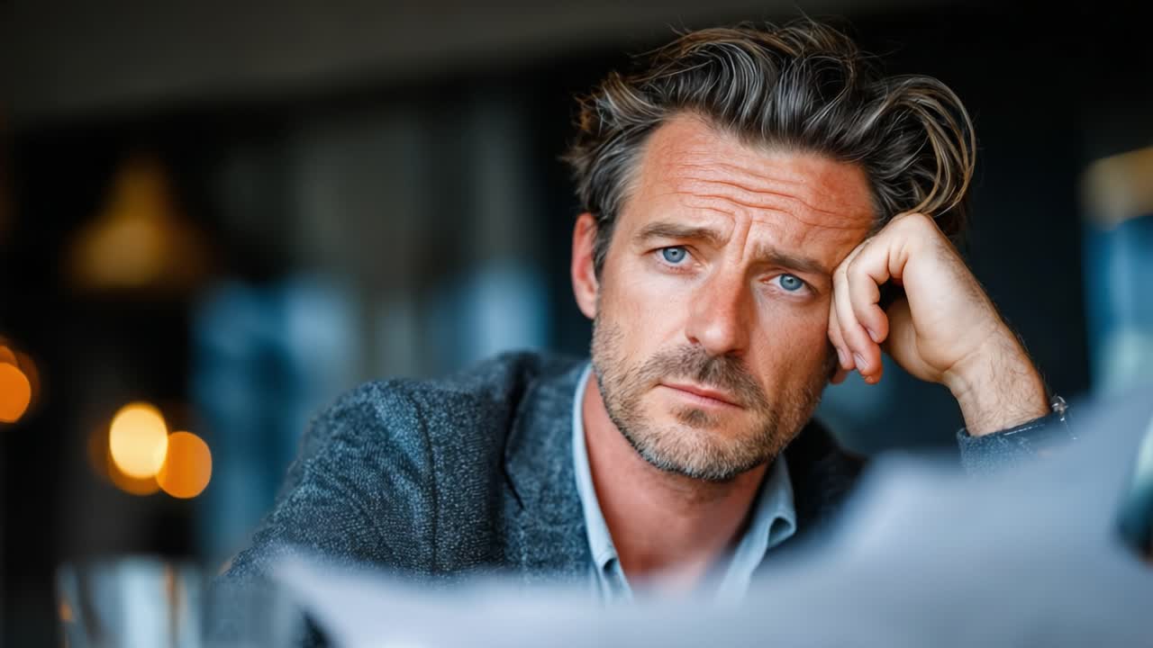 A Thoughtful Man Ponders Over Documents in a Cozy Atmosphere, Deep in Reflection with a Furrowed Brow and Intense Blue Eyes, Amidst Soft Lighting and Warm Ambiance