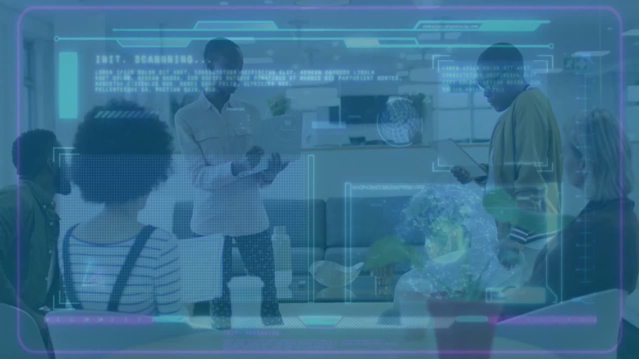 사무실에서 다양한 동료들에 대한 디지털 화면의 애니메이션