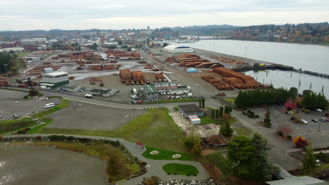 US, WA, Olympia, 2025-10-31 - Drone view of the Port of Olympia with the Capital building in the distance