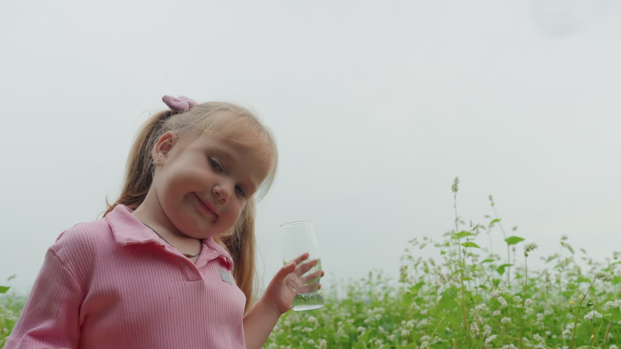 niña blanca sosteniendo un vaso en un prado, pícnic divertido, ayudante, exploradora de patios traseros, compañera risueña, gesto de ofrecimiento suave hacia la cámara, cielo suavemente nublado, hierba alta, camisa rosa, coletas, natural