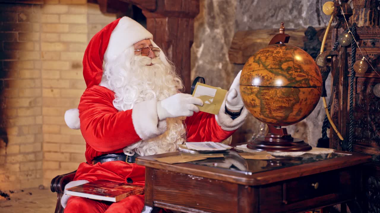 Santa with a globe. Mature man in red costume of Santa sitting at the table in the room and looking at the globe. Christmas time.