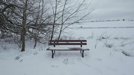 banco de parque solitário vazio no parque florestal coberto de neve, marca de pessoa que estava sentada, mas desapareceu