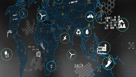 Animation-of-digital-icons-and-data-processing-over-world-map-against-grey-background