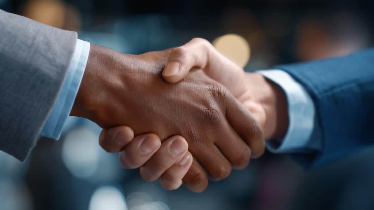 A Professional Business Handshake Symbolizing Agreement and Collaboration in a Corporate Environment with Blurred Background of Office Activity