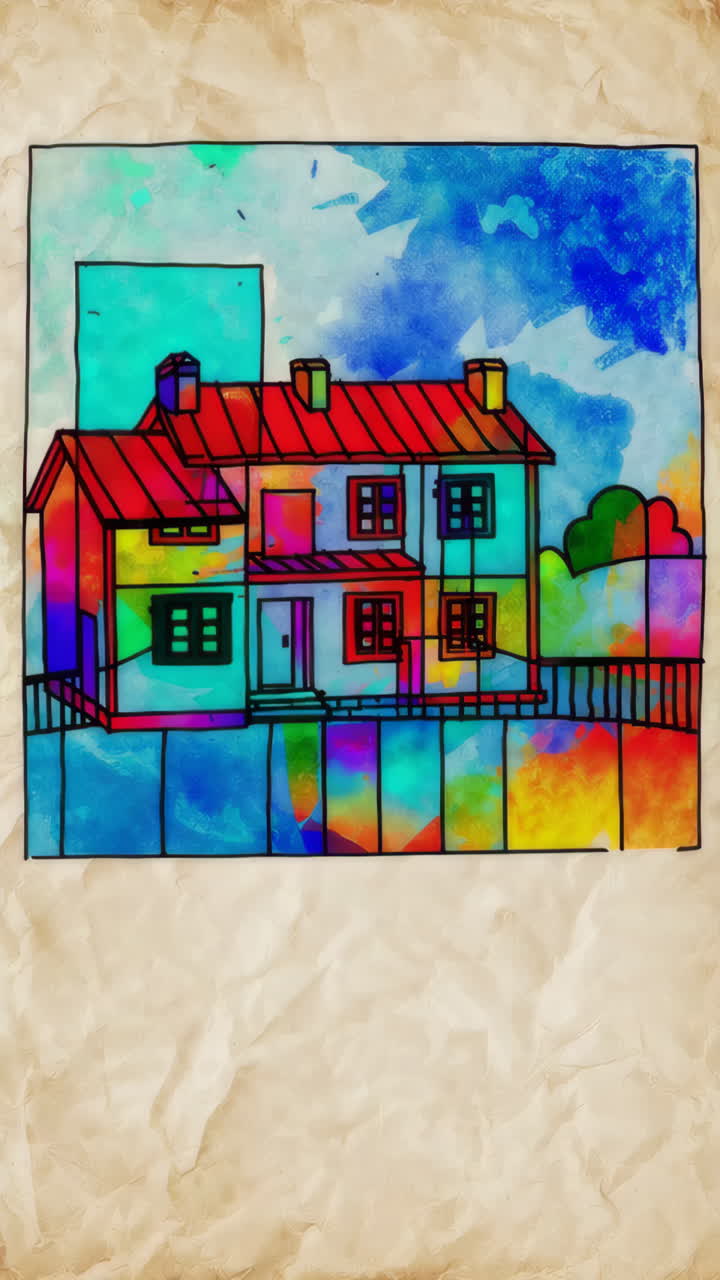 Vibrant Abstract House Illustration on Textured Paper