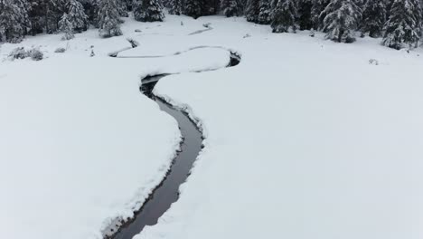 arroyo estrecho a través del paisaje del bosque invernal, vista aérea del bosque cubierto de nieve, crno jezero, lago negro, pohorje, eslovenia