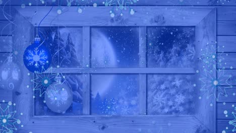 Animation-of-snowflakes-over-window-with-night-winter-landscape-and-baubles